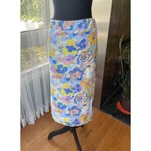 Vintage 70s beach coverup, blue, orange, pink, yellow flower power wrap skirt